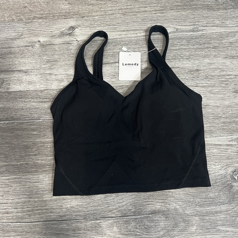 Lemedy Womens Sports Bra Longline Crop Tank Top Padded Workout Black NWT Size 4